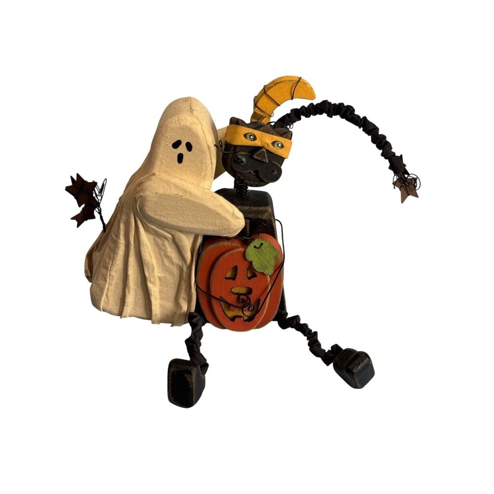 Vintage Folk Art Hand-Carved Ghost Cat Pumpkin Halloween Figurine Fabriche Wire